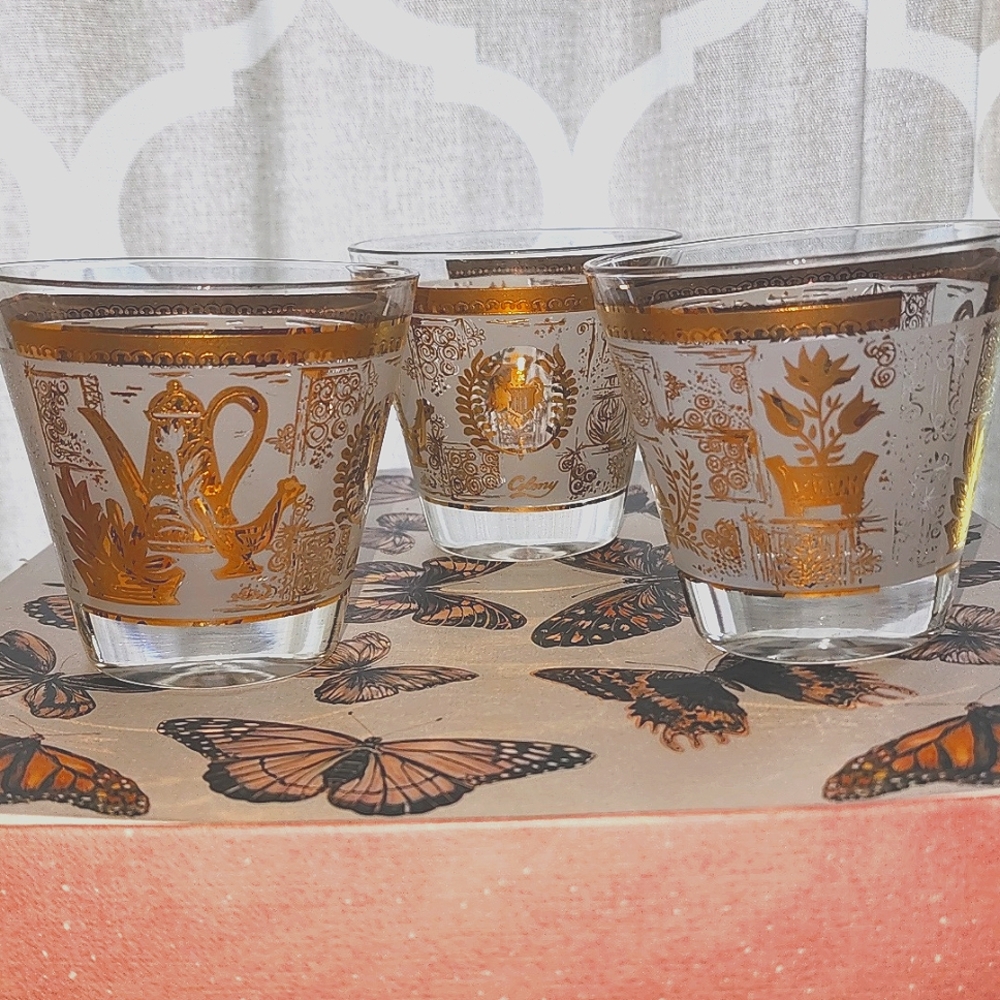 MCM Old Fashion Glasses Anchor Hocking Colony 22 Kt Gold Early American Designs